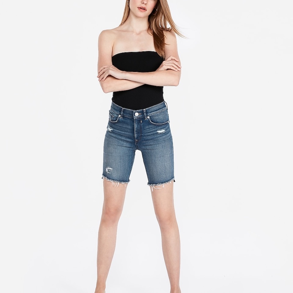 High Waisted Denim Perfect Raw Cut Bermuda Jean Sh